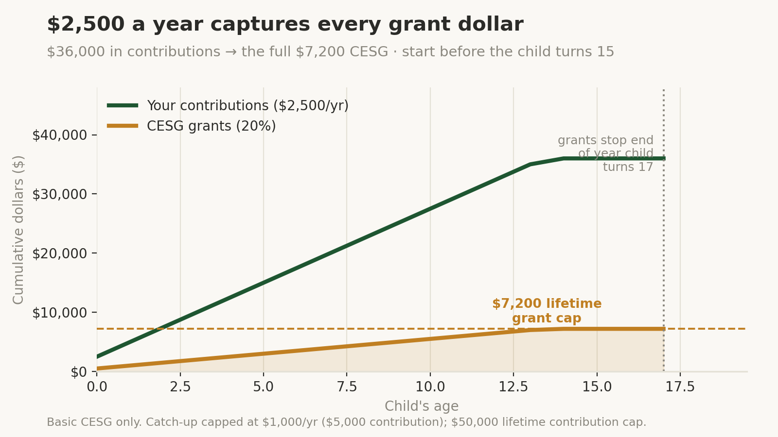 Cumulative line chart from birth to age 17: $2,500 yearly contributions in green reach $36,000 while 20% CESG grants in amber reach the $7,200 lifetime cap, with a marker that grants stop at the end of the year the child turns 17.